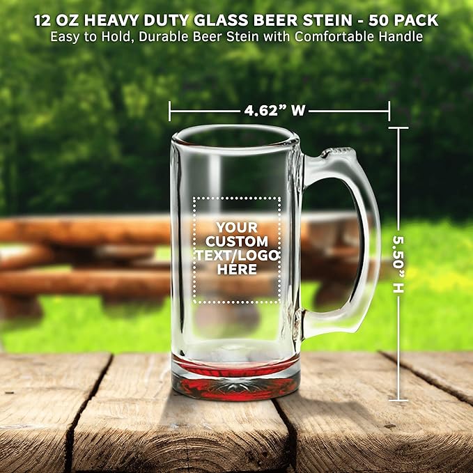50 Libbey Beer Mugs Set, 12 oz. - Customizable Text, Logo - Groomsmen Glassware - Red