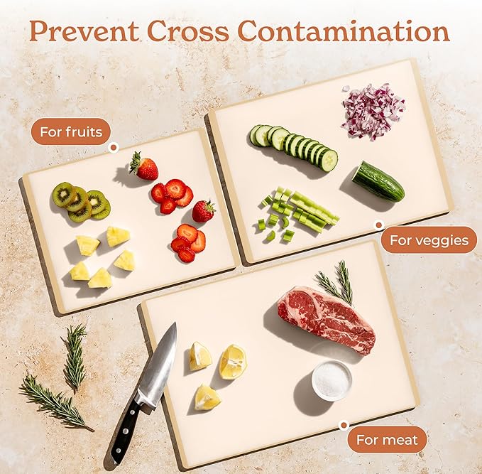 SMIRLY Plastic Cutting Board Set with Holder 4 Pieces, Non-Slip Dishwasher Safe Chopping Boards for Kitchen, Cream White