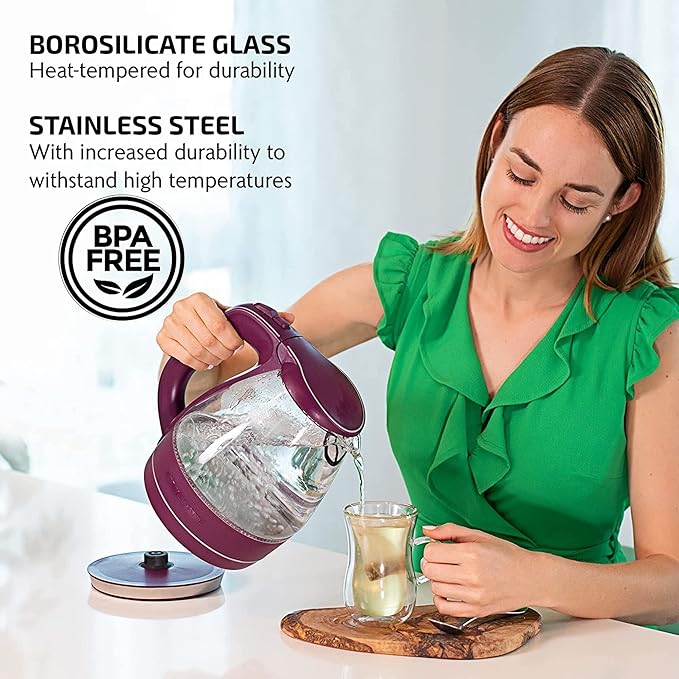 OVENTE Electric Kettle, 1.5L Borosilicate Glass Countertop Water Heater and Boiler for Coffee or Tea, BPA-Free, Auto Shut-Off, Boil-Dry Protection, Removable and Washable Spout Filter, Purple KG83P