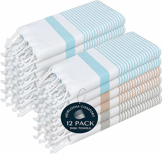 Multi Color Kitchen Towels 16x26 Inch, 12 Pack, 100% Cotton, Ultra Absorbent, Fast Dry, Machine Washable, Drying Dishes, Cleaning, Everyday Use - Aqua Blue, Beige, Ash Grey