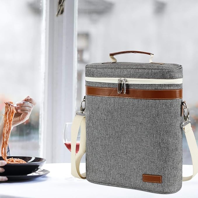 3 Bottle Insulated Wine Tote Carrier Bag, Portable Travel Padded Wine Cooler - Corkscrew Opener, Handle and Adjustable Shoulder Strap, Wine Lover Travel Picnic Party Wedding Wine Tote Grey