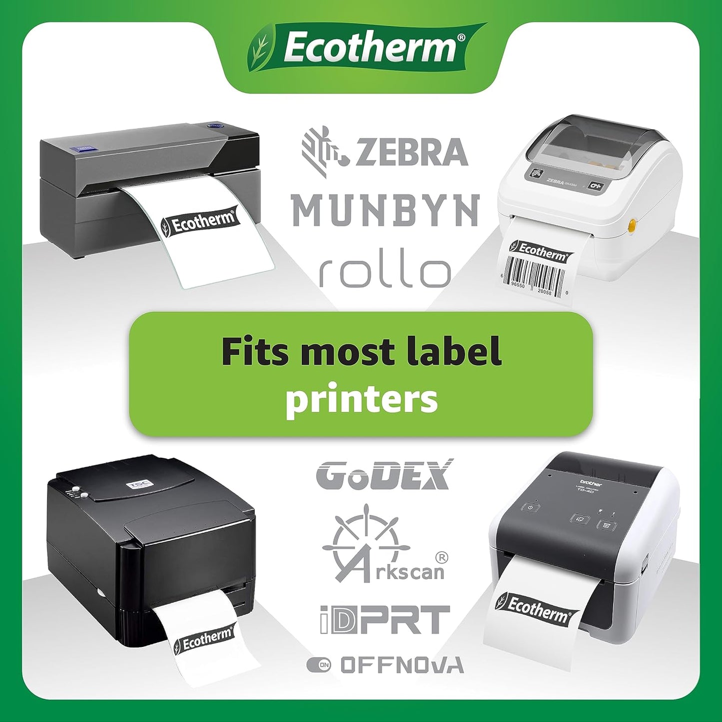 4" x 4" Thermal Labels | 6 Rolls | 4200 Labels | fits Zebra, Munbyn, Rollo, Godex, Arkscan, iDPRT, Offnova Thermal Label Printers and More | Blank White Adhesive Stickers by Ecotherm