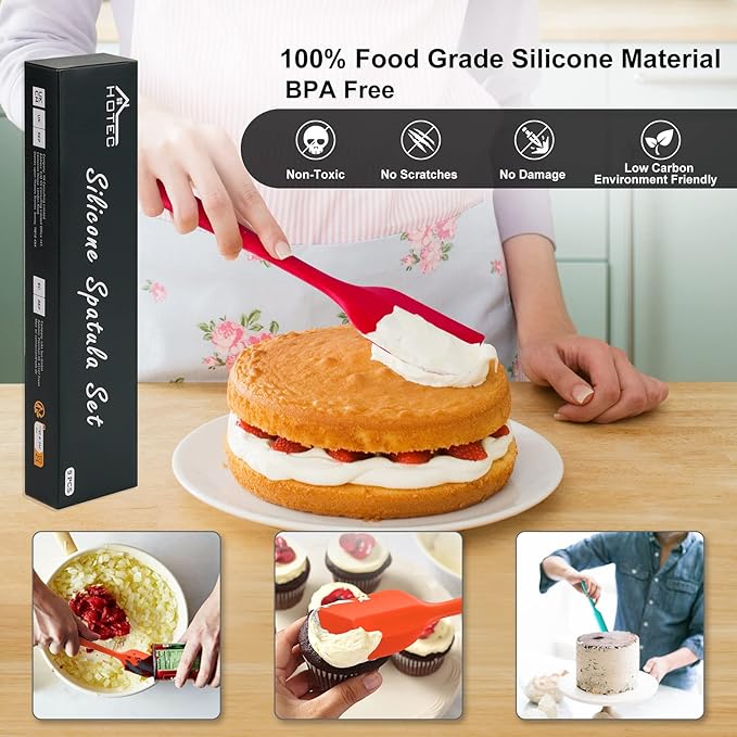 HOTEC BPA Free Heat Resistant Silicone Spatula Set Kitchen Utensils for Baking Cooking Mixing Non Stick Cookware Food Grade Dishwasher Safe (Multi-Color) Set of 9