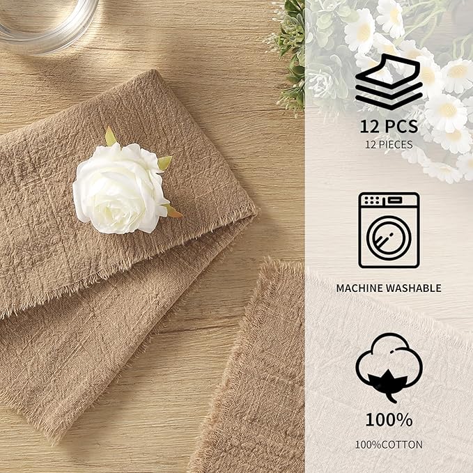 Handmade Cloth Napkins with Fringe, 100% Cotton Napkins, Delicate Handmade Linen Napkins for Dinners, Parties, Weddings and More, 17 x 17 Inch Set of 12 - Brown