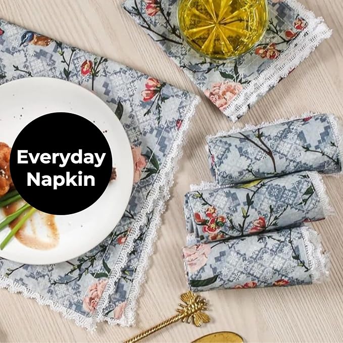 Bedding Craft Printed Cotton Dinner Napkins Set of 12 – 18x18 Lace Birds Design – Elegant & Reusable Fabric Table Napkins for Dining, Parties, Weddings & Everyday Use