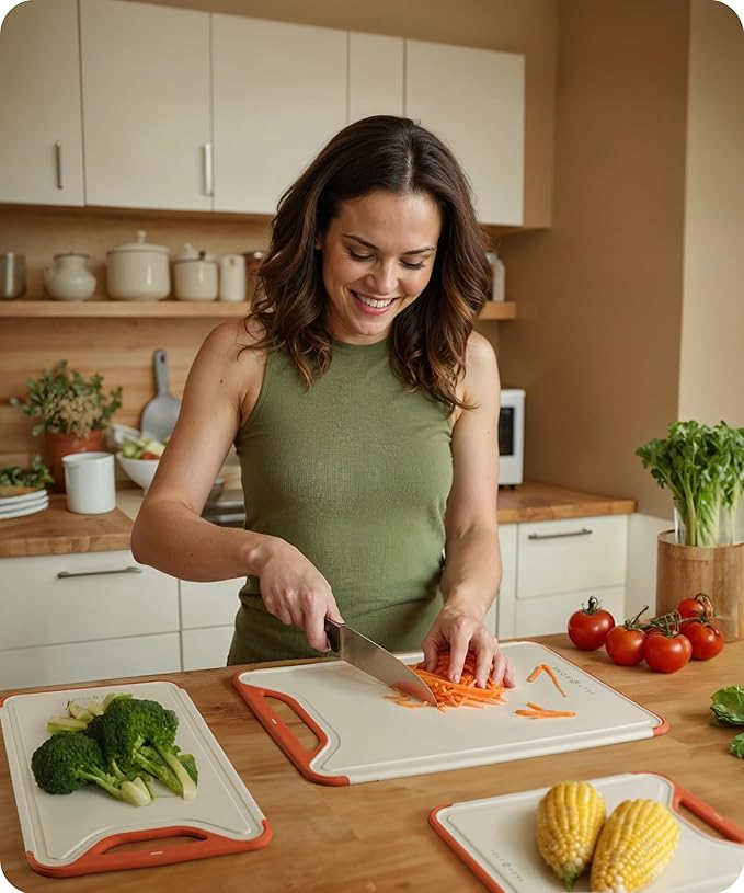 Cutting Boards for Kitchen, Plastic Cutting Board Set of 3, Dishwasher Safe Cutting Boards with Juice Grooves for Meat, Veggies, Easy Grip Handle, Serveware Accessories (Pink)