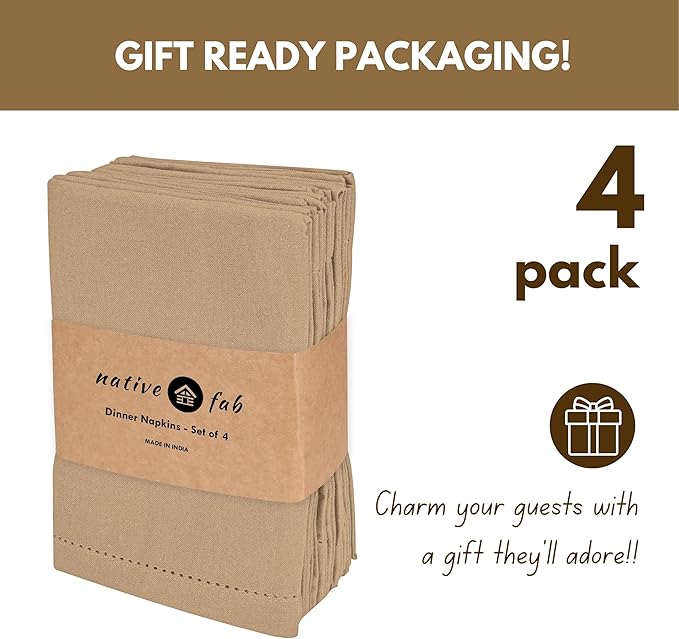 Native Fab Cloth Napkins, Set of 4, 100% Cotton, Hemstitch Mitered Corners, 18"x 18", Soft, Washable, Absorbent, Reusable, Premium Linen Quality - Events, Wedding, Party, Dinner Napkins - Beige