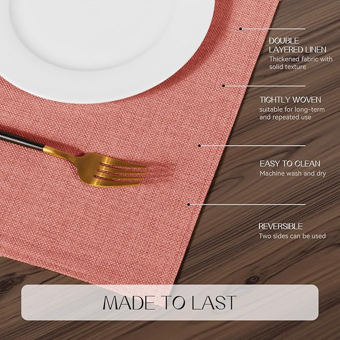 Romanstile Cloth Placemats Set of 8-12 x 18 Inch, Heat Resistant Double Layered Thickened Burlap Fall Place Mats, Washable Faux Linen Farmhouse Table Mats for Kitchen/Dining/Party/Outdoor, Orange