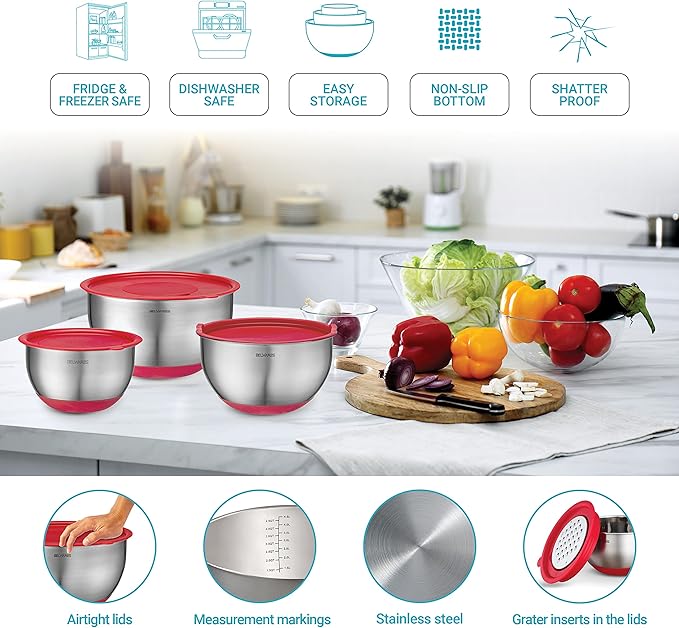 Belwares Mixing Bowls with Lids Set - Nesting Bowls with Airtight Lids + Graters - Stainless Steel Non-Slip Mixing Bowl for Baking, Food Storage and Prepping (Red, 5-Piece Set)