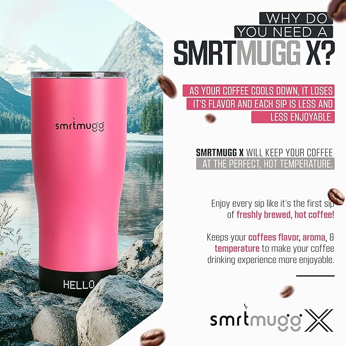 X Heated Coffee Mug 19 oz., 8 Hour Battery Life, Self-Heating, Adjustable Temp Controlled, LCD Screen, Includes Cover with Magnetic Slider (Black) (Hot Pink)
