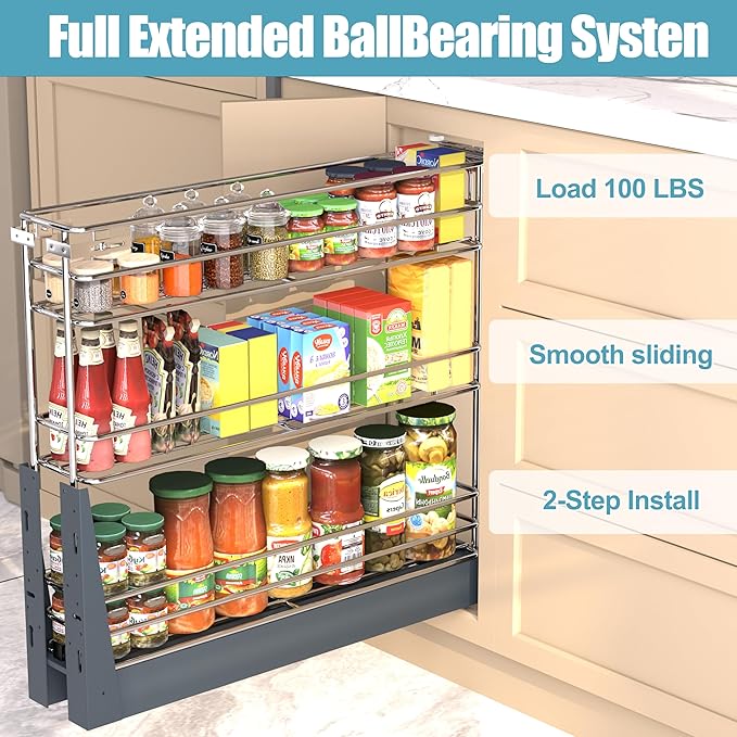 Pull Out Spice Rack for Narrow Cabinet (7.8" W X 19.7" D), Heavy Duty 3 Tier narrow PullOut Cabinet Organizer and Slide Out Shelves for inside Base Cabinets, Filler Pantry Storage