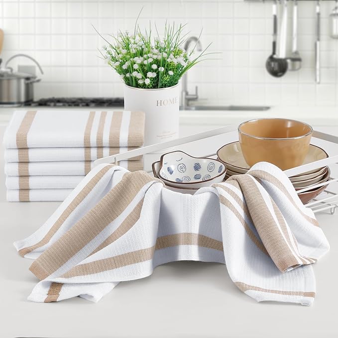 Homaxy Premium Kitchen Towels 18”x 28”, Large Cotton 380 GSM Kitchen Hand Towels, Stripe and Terry Dish Towel, Highly Absorbent Tea Towel Set with Hanging Loop, 8 Pack, Khaki