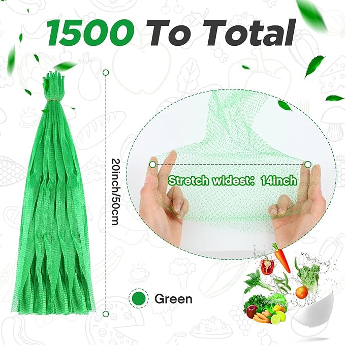 Windyun 1500 Pcs Mesh Produce Bags Reusable Nylon Netting Bulk, Fits Storage Egg Vegetable Seafood Fruits Grocery Bags (20 Inch,Green)