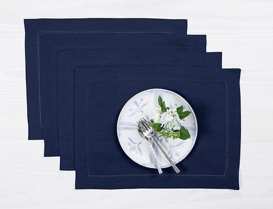Solino Home Linen Placemats Set of 4 - Classic Hemstitch Navy Blue Placemats 14 x 19 Inch - 100% Pure Linen Table Mats for Fall, Autumn, Thanksgiving, Christmas, Holiday, Winter