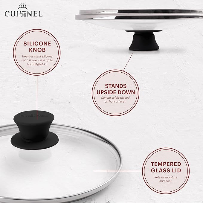 Cuisinel Cast Iron Skillet with Lid - 8"-Inch Frying Pan + Glass Cover + Silicone Grip Handle Holder - Pre-Seasoned Cookware - Indoor/Outdoor, Grill, Stovetop, Camping Fire, Induction Oven Use