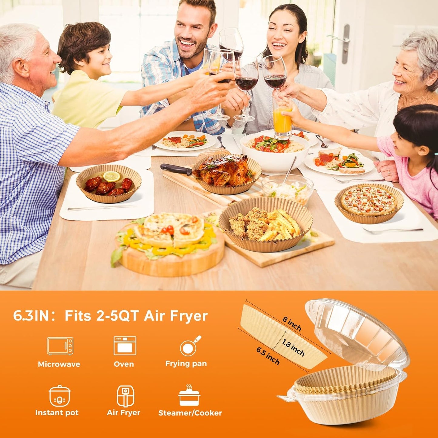 Air Fryer Liners for Najia, 50 PCS Air Fryer Paper Liners Disposable - 6.3 Inch Round Parchment Sheets for 2-4 qt Basket, Oil Proof Airfryer Paper Liner for Baking Cooking Food