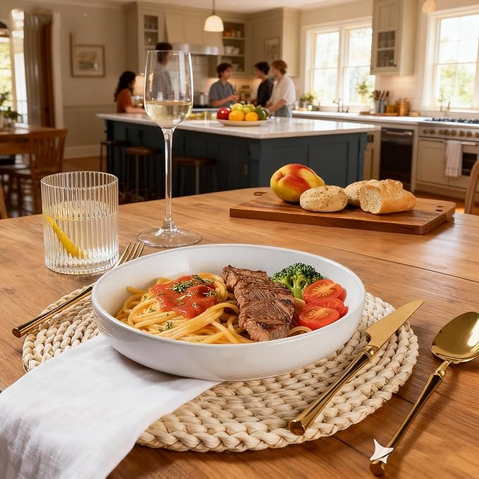 AmorArc Ceramic Dinnerware Sets for 8, 24 Pieces Handpainted Plates and Bowls Set with Rustic Terracotta Underside, Scratch Resistant Stoneware Dishes Set, Dishwasher & Microwave Safe, White