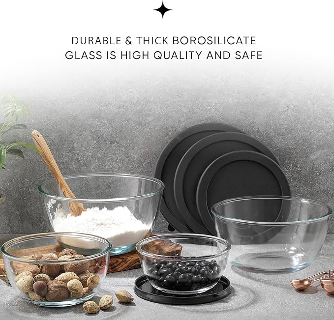 JoyJolt Kitchen Mixing Bowls - 8pc Glass with Lids Set – Neat Nesting Large Bowl Batter Cooking Storage and Big Salad BPA-Free Black