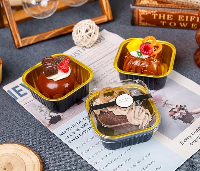 60 Pack Mini Cake Pans with Lids Mini Aluminum Pans, Disposable Loaf Pans Cupcake Liners with Lids for Pudding, Souffle, Party, Wedding(Black Gold, 5 oz)