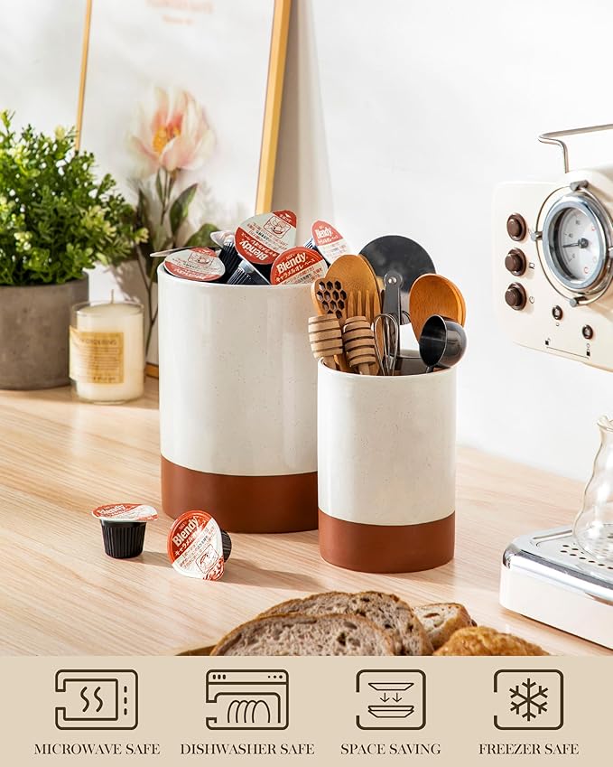 MALACASA Utensil Holder, 5.5" Ceramic Kitchen Utensil Holder for Countertop, Cooking Utensil Crock for Kitchen Counter, Farmhouse Utensil Organizer for Spatula & Spoon, Khaki White, Series TARA