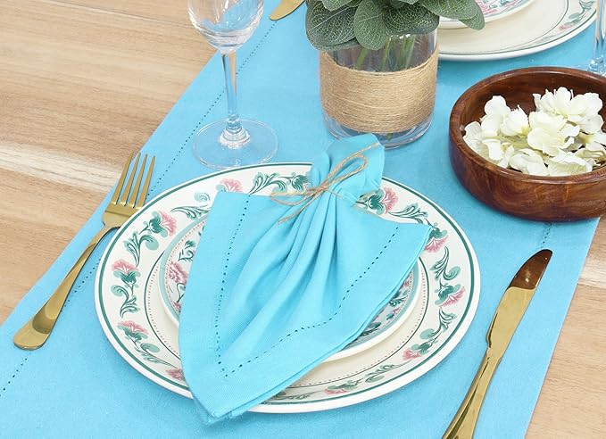 PurpleEssences Set of 12 Hemstitch Cloth Dinner Napkins 100% Cotton - Soft Durable Washable - Ideal for Wedding Fall Thanksgiving - Perfect Everyday Use Table Linen 18x18 - Aqua Blue