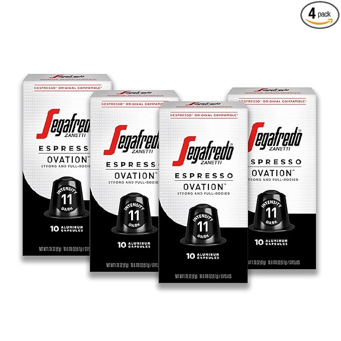Segafredo Zanetti Espresso Capsules – Aluminum Pods for Nespresso Original Machines – Dark Roast Premium Espresso with a Full-Bodied Aroma – Strong, Intensity 11 – Ovation, 10 Count (Pack of 4)