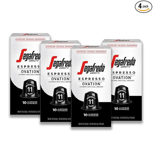 Segafredo Zanetti Espresso Capsules – Aluminum Pods for Nespresso Original Machines – Dark Roast Premium Espresso with a Full-Bodied Aroma – Strong, Intensity 11 – Ovation, 10 Count (Pack of 4)