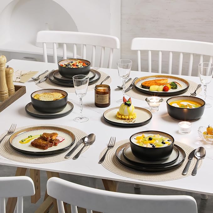 vancasso Plates and Bowls Sets, 18 Pieces Stoneware Dinnerware Sets for 6, Kitchen Dish Set Mircowave and Dishwasher Safe Dinner Set Ceramic Dishware, Light Cream, Series AMBER