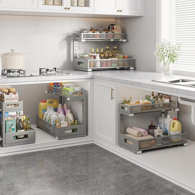 1 Pack 17IN Depth Under Sink Storage Organizer, Large 2-Tier Elegant Mesh Pull Out Shelf for Kitchen and Bathroom Cabinet Organization, L-Shaped and Adjustable Height Design-Gun Gray