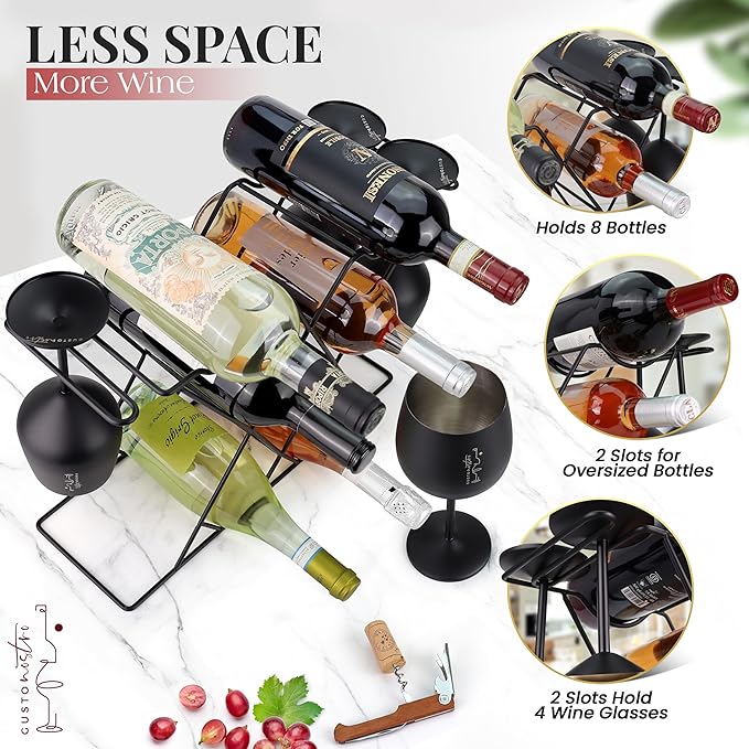 Gusto Nostro Small Wine Racks Countertop Storage for 8 Bottles & 4 Glasses - Countertop Wine Rack with Glass Holder, Modern Tabletop Black Wine Rack, Wine Holder Stand for Kitchen Cabinet Wine Cellar