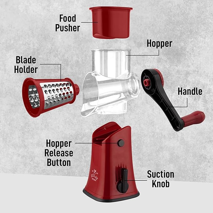Zulay Kitchen Rotary Cheese Grater 5 Blade Cheese Shredder - Manual Hand Crank Cheese Grater With Reinforced Suction & 5 Interchangeable Drums - Easy to Use, Vegetable Chopper Round Mandoline Slicer