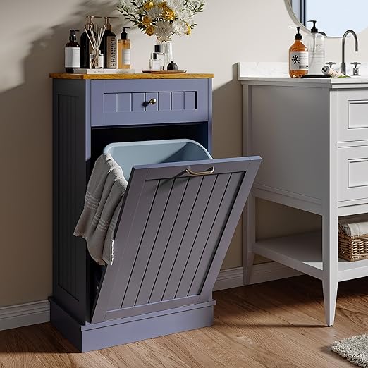 Tilt Out Trash Bin Cabinet Dog Proof Trash Can Holder Kitchen Island Without Garbage Bin or Tilt Out Laundry Hamper (Gray-Blue)