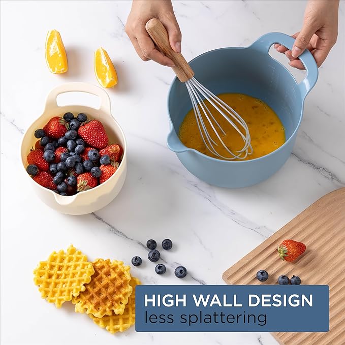 COOK WITH COLOR Nesting Plastic Mixing Bowl Set with Pour Spouts and Handles, Ombre Blue, 4 Piece Non-Slip