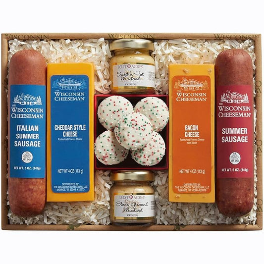 The Wisconsin Cheeseman 7-Piece Pairing Assortment – Summer Sausage Meats and Cheeses Gift Basket with Mustards and Bon Bon Cookies Holiday Thank You Gift for Adults, Women, and Men Charcuterie Ready