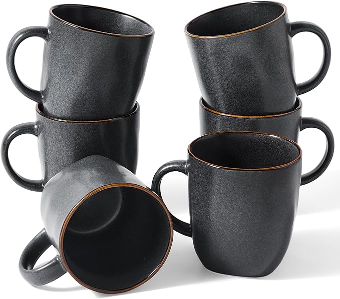 famiware Coffee Mugs Set of 6, Ocean Square 13oz Coffee Cup Set with Handle for Cocoa, Milk, Hot Chocolate, Tea, Water, Stoneware Cups for Kitchen, Microwave and Dishwasher Safe, Matte Black