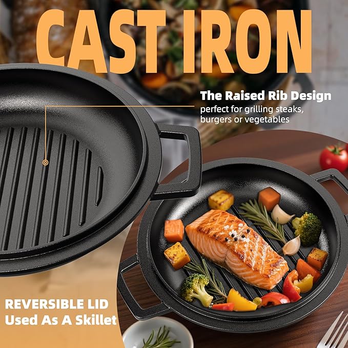 Cast Iron Dutch Oven Pot with Skillet Lid – Pre-Seasoned – Skillet Lid Cooking Pan– PFAS-Free –Umite Chef Cast Iron Skillet Cookware for Bread, Frying, Baking – Dual Handles – Oven, Grill, Campfire & Stovetop Safe – Durable & Non-Toxic, 5QT