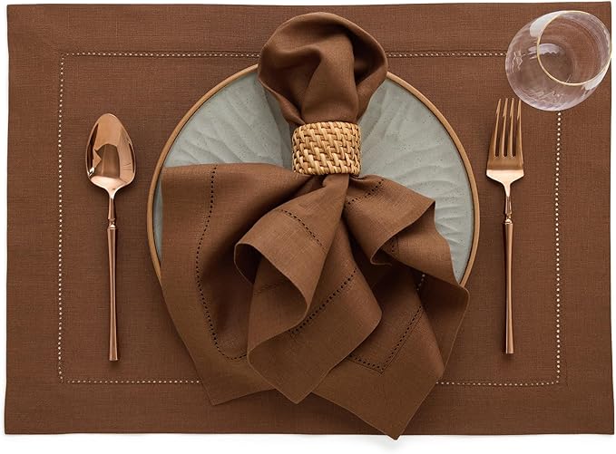 Solino Home Linen Placemats Set of 4 - Classic Hemstitch Brown Placemats 14 x 19 Inch - 100% Pure Linen Table Mats for Fall, Autumn, Thanksgiving