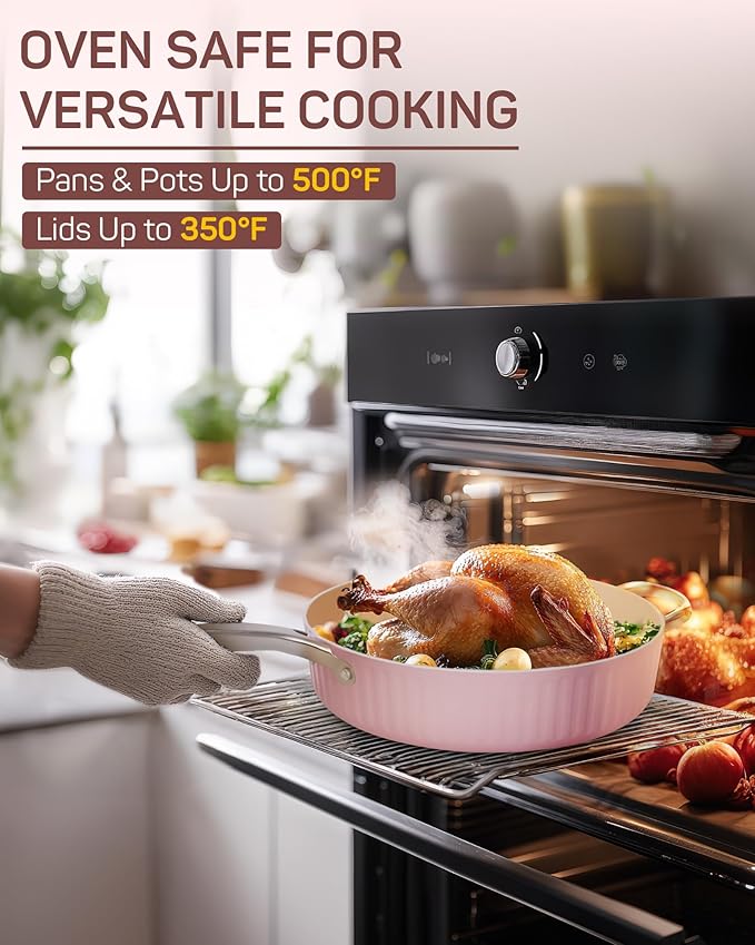 10Pcs Nonstick Cookware Set, Ciwete Tri-Ply Ceramics Cookware Set, Kitchen Pots and Pans with Stay Cool Ergonomic Handle, Dishwasher Safe, Oven Safe, Gift, Compatible with All Stovetop, Pink