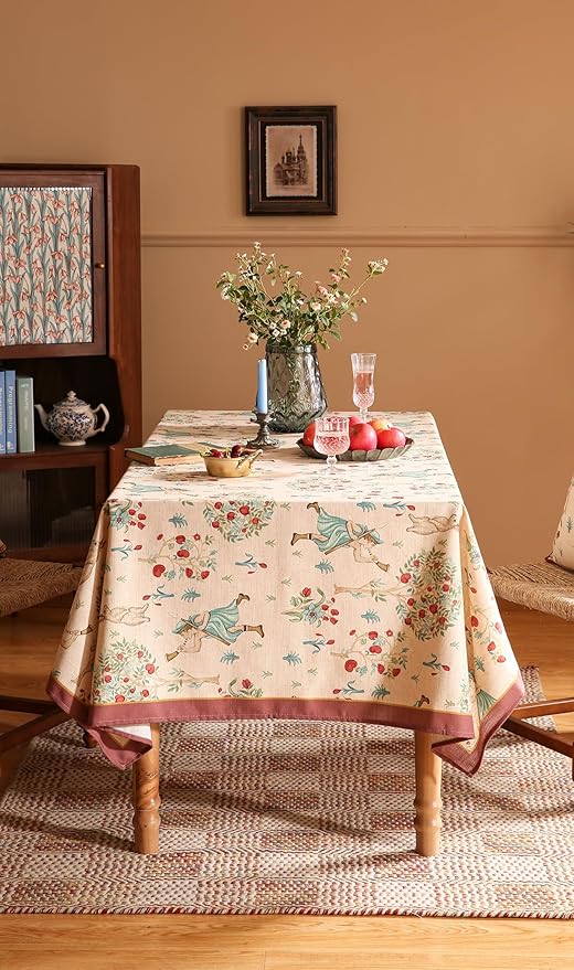 patdrea Designer Beige Tablecloth for Square Tables,Vintage Elegant French Linen with Trees and Kids Pattern Table Cloth,Farmhouse Table Cover Cloth Decor for Kitchen Dining Christmas,67"*67"