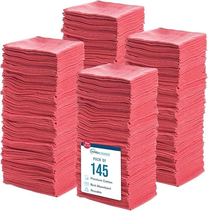 Simpli-Magic Cotton Shop Towels, Commercial Grade, Red, 145 Pack, Size: 14" x 12"
