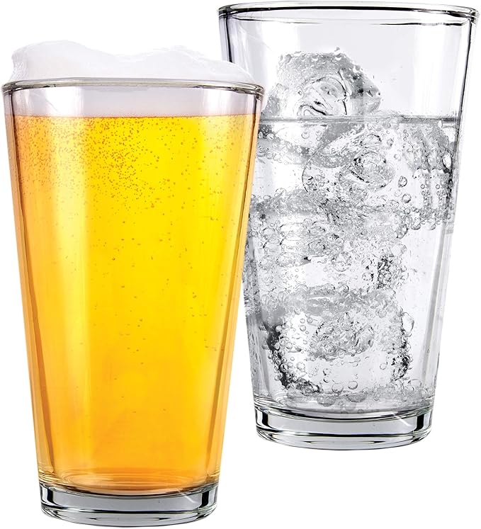 Pint Beer Glasses Set of 4 – 16 oz Tall Clear Drinking Glasses and All Purpose Tumblers – Heavy Base Cocktail, Water, Juice Glass – Pub Style Design For Home Dining, Bars, and Parties