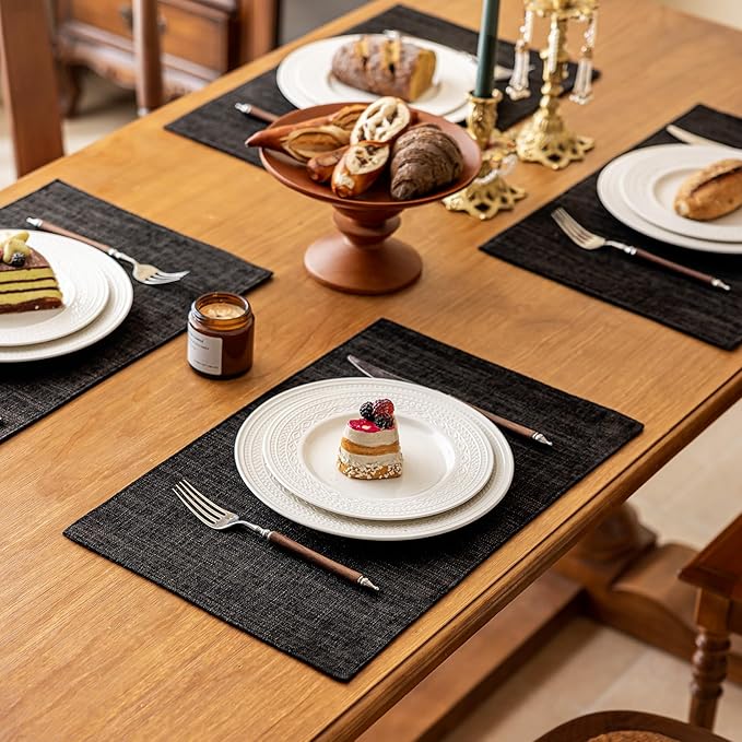 KXN Placemats Set of 4, Dual-Layer Thickened Faux Linen Table Mats, Heat Resistant & Wrinkle-Free, Machine Washable Cloth Place Mats for Kitchen Dining Indoor Outdoor (Black)