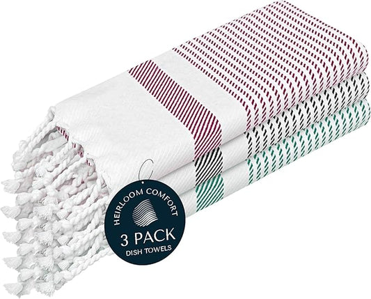 Multi Color Kitchen Towels 16x26 Inch, 3 Pack, 100% Cotton, Ultra Absorbent, Fast Dry, Machine Washable, Drying Dishes, Cleaning, Everyday Use - Burgundy, Black, Green