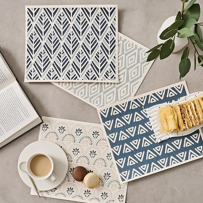 RECYCO Swedish Dishcloths for Kitchen | 4 Pack Oversized Washable Dish Rags | Large Cellulose Reusable Cleaning Paper Towels | Absorbent Counter Dish Cloth Sponge XL Kitchen Wipes, 12" L x 10" W