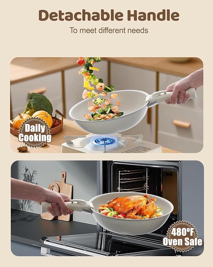 11Pcs Non Stick Pots and Pans Set | Ceramic Cookware Set with Detachable Handle | PFAS-Free, Oven & Induction Safe (White)