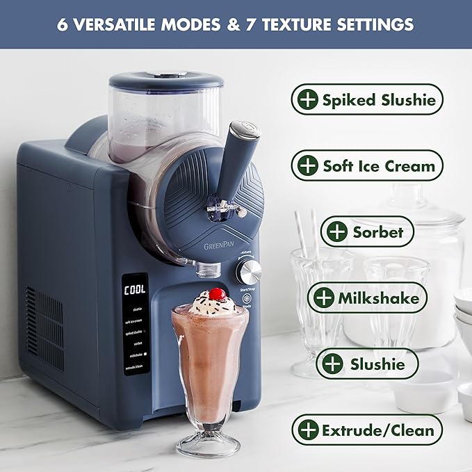 GreenPan Frost Ice Cream Machine & Frozen Drink Maker, Soft Serve, Slushie, Sorbet, Milkshakes & Cocktails, No Freezer Needed, 15-in-1, 7 Textures, Quiet & Rapid, Easy Clean, Family Size, Berry Blue