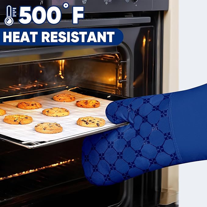 Oven Mitts Kitchen Towels Dishcloths with Pot Holders Sets, Dish Towels Sets, Oven Gloves Pot Pads Heat Resistant 500 Degrees with Non-Slip Silicone Surface for Cooking Baking Grilling-Royal Blue