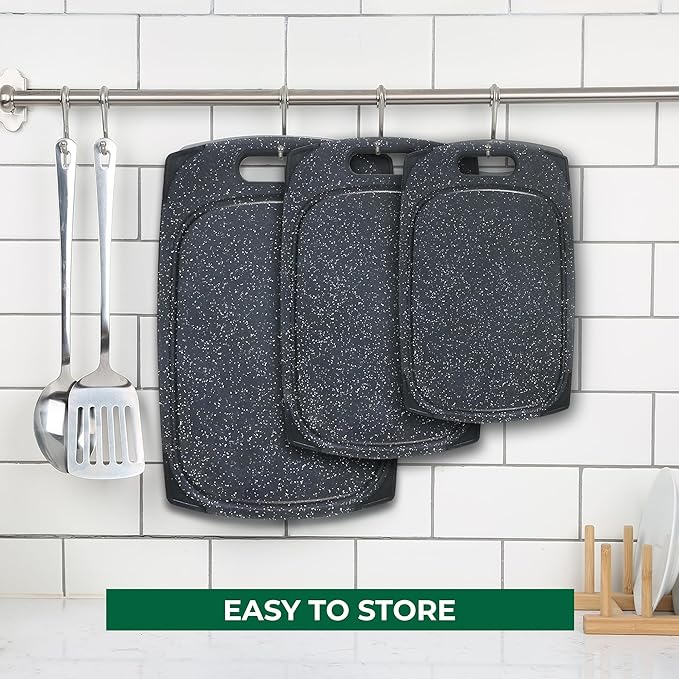 Freshware Plastic Cutting Boards for Kitchen, Cutting Board Set of 3, Juice Grooves with Easy Grip Handle, BPA-Free, Dishwasher Safe, Black Marble