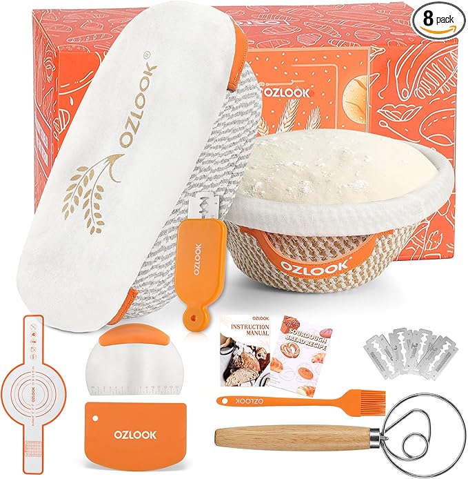 Sourdough Starter Kit,10 Inch Round & 9 Oval Cotton Rope Banneton Bread Proofing Basket with Bread Lame, Scraper,Sling, Dough Whisk,Perfect Gifts for Bakers Sourdough Bread Baking Supplies