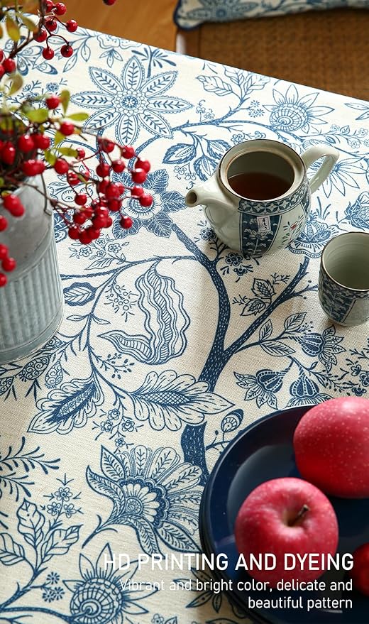 French Floral Tablecloth for Square Tables,Linen Table Cloth with Blue Flowers Pattern,Heavy Durable Table Cover for Dining Kitchen Decor Party Banquet Christmas,67"*67"
